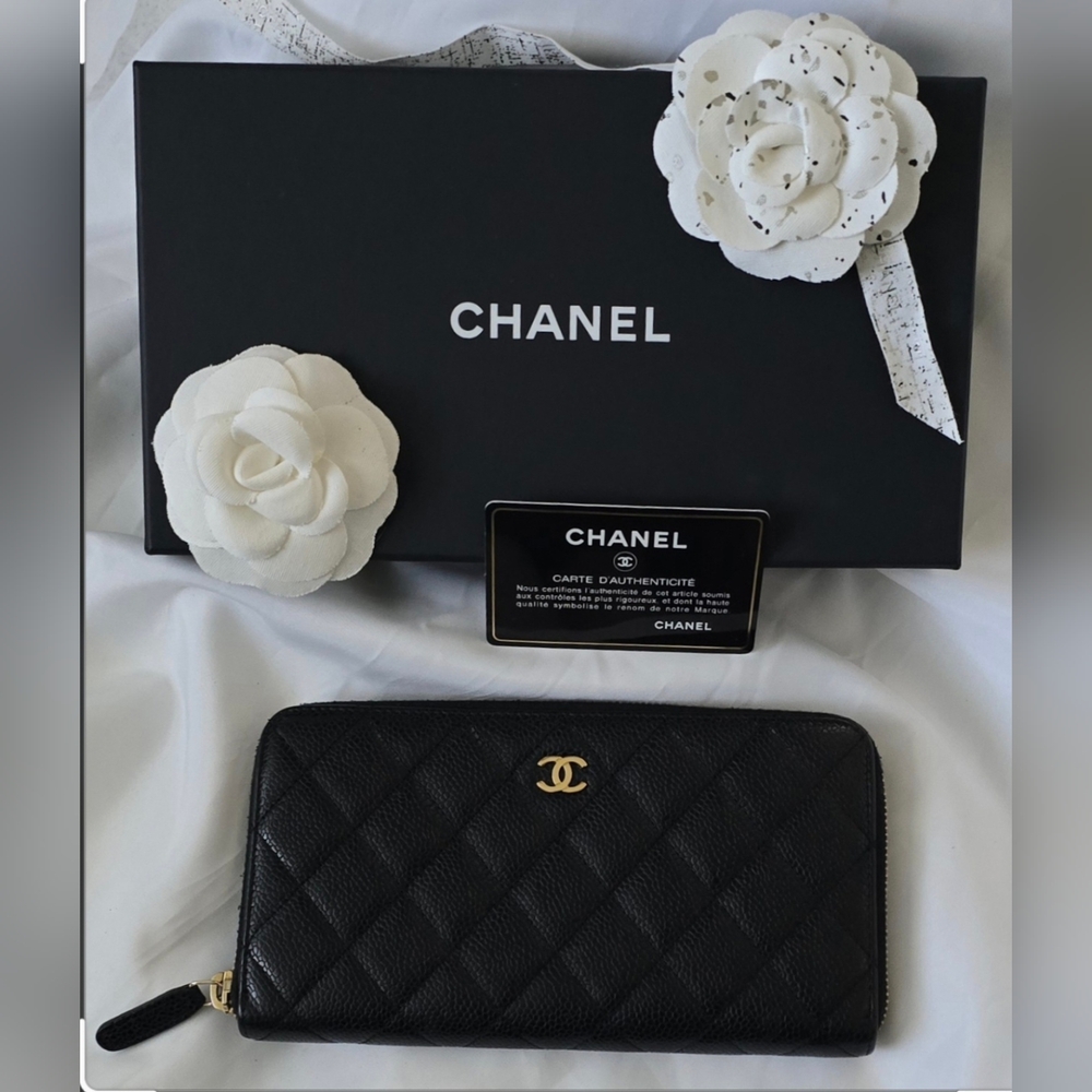 Chanel Black Caviar Leather Quilted Zip Around Wallet